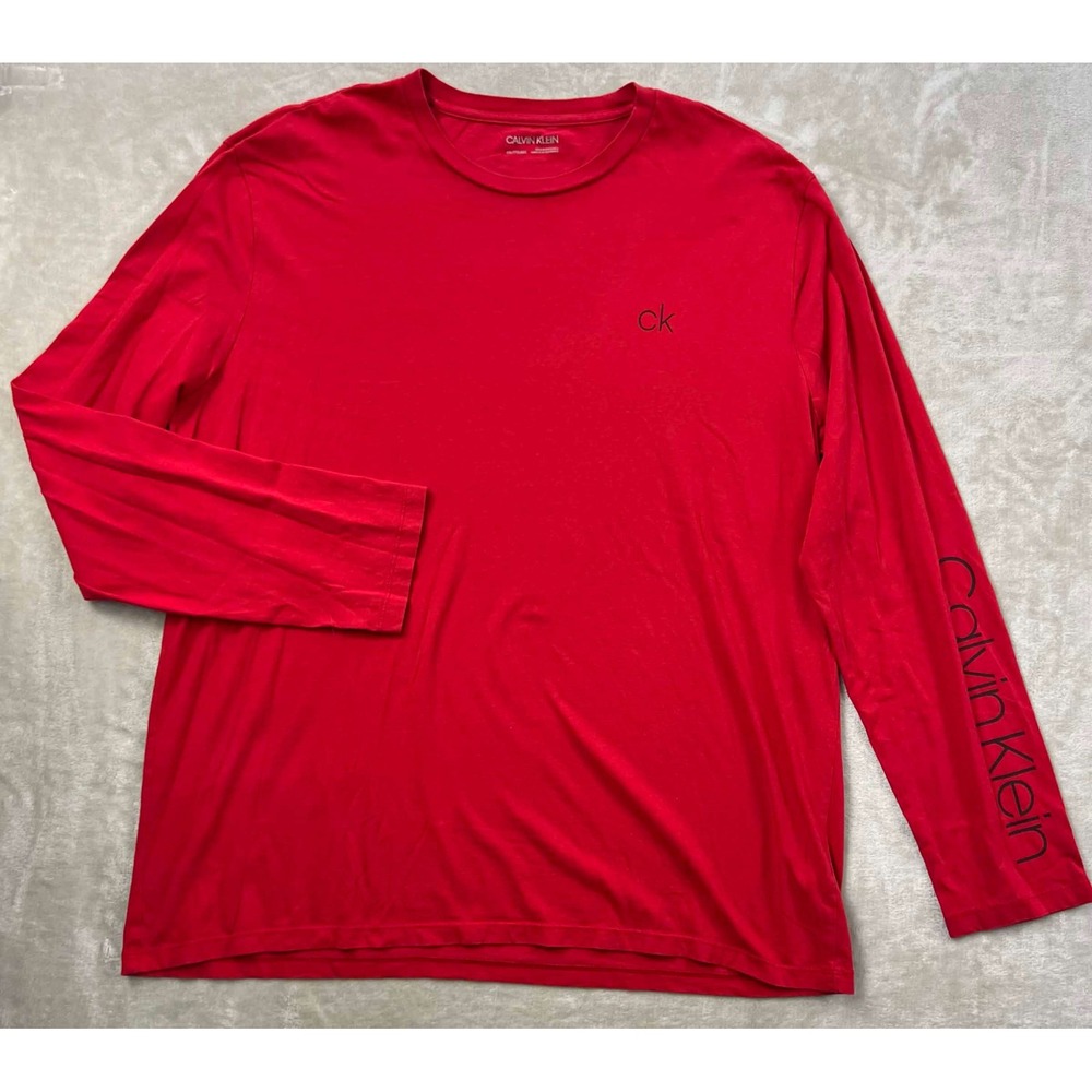 Calvin Klein Mens Red Long Sleeve Logo T-Shirt XXL Crew Neck Sleeve Graphic Tee